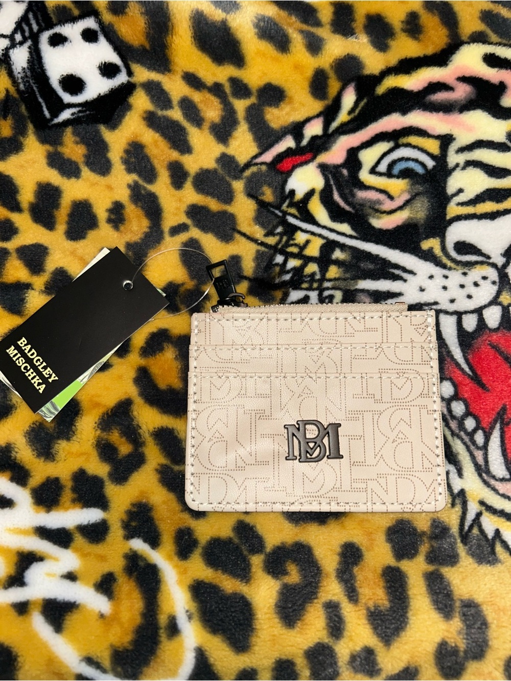 Badgley Mischka Beige Logo Embossed Leather Card Holder